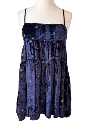 UO Kimchi Blue Alice Embroidered Velvet Mini Babydoll Dress thumbnail 1