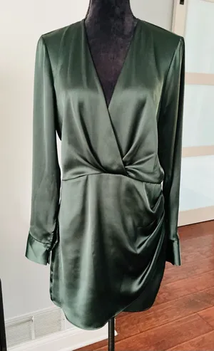 ZARA Emerald Green Satin Wrap-Style Long Sleeve Dress🌹 thumbnail 1