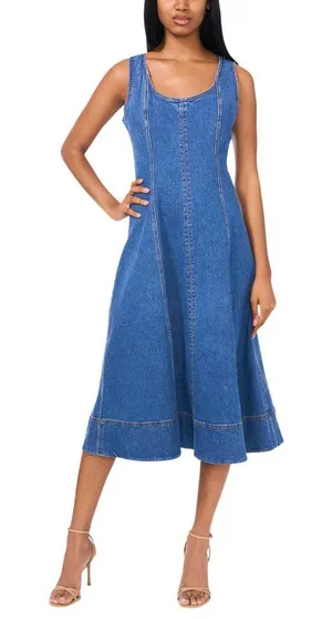 NWT 1. State Scoop-Neck Sleeveless Denim Fit & Flare Midi Dress Blue Quartz S thumbnail 1