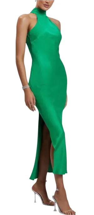 Meshki Claire Satin Halter Sleeveless Green Maxi Dress MEDIUM thumbnail 1