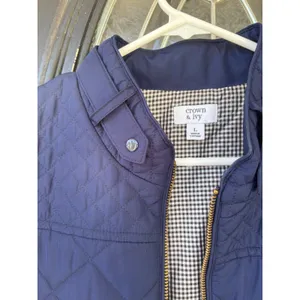 Crown & Ivy Navy Blue Quilted Puffer‎ Vest Gingham Lining Gold Zip Womens Large thumbnail 11