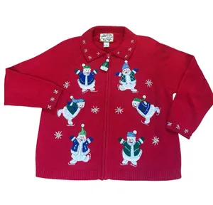 Heirloom Collectibles Embroidered Snowman Zip Up Cardigan Sweater Womens Large thumbnail 1