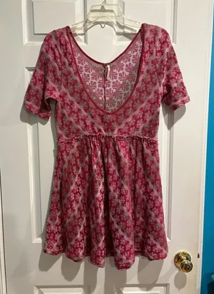 Free People babydoll knit cotton mini dress M berry pink thumbnail 1