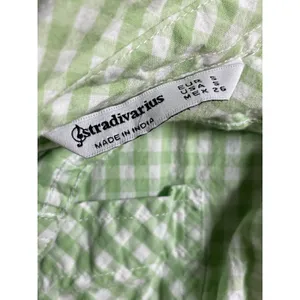 Stradivarius Green Gingham Check Collared Long Sleeve Button Down Shirt Top Sz S thumbnail 6