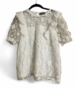 Alice Blue Top XL White Floral Lace Ruffle Blouse Sheer Sleeves Stretchy thumbnail 1