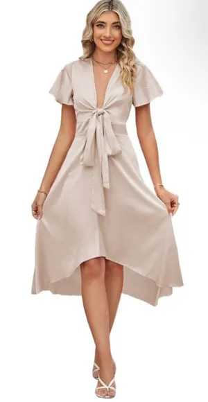 NEW Satin Deep V-Neck Short Sleeve Bow 2-Way Dress M thumbnail 1