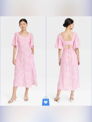 Womens Crepe Flutter Short Sleeve Midi Dress - A New Day - Pink Floral- Large thumbnail 2