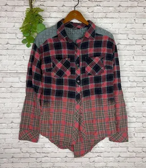 Miss Me Distressed Crochet Lace Button Down Flannel thumbnail 1