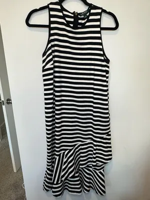 100% Cotton Ralph Lauren Women's Striped Asymmetrical Flounce Dress Blue White L thumbnail 7