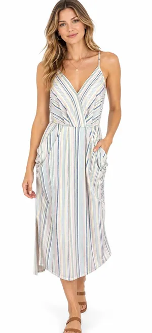 BCBGenetation White & Multi Striped Midi Dress w/Spaghetti Straps Pockets Large thumbnail 1