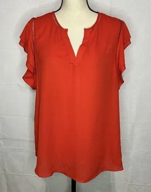 Zac & Rachel Womens Sleeveless Red Blouse V-Neck Flutter Sleeve Size L thumbnail 1