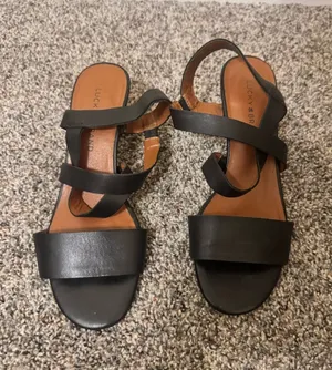 Lucky Brand Black Strappy Leather Slingback Heel Sandals thumbnail 1