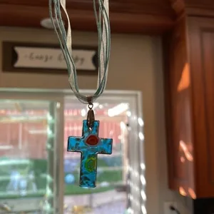 Handmade Glass cross with ribbon necklace. thumbnail 7