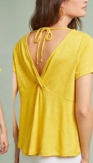 100% Linen Top Women's Medium Mustard Yellow Cowl Neck‎ Tie Back Short Sleeve thumbnail 1
