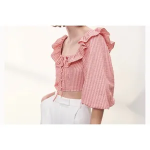 NWT ZARA Red White Stripe Puff Sleeve XS Crop Top Woman Ruffle‎ Cottage Boho thumbnail 4
