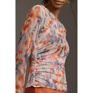 Anthropologie Mesh Crossover Long Sleeve Blouse Watercolor Large Semi‎ Sheer thumbnail 2