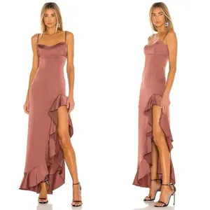 Nookie Sasha Satin Gown REVOLVE Mocha Brown Small NWT Ruffle Slit Formal Dress thumbnail 2