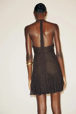 Zara Brown Lace Ruffled Crochet Halter Bohemian Summer Dress thumbnail 8