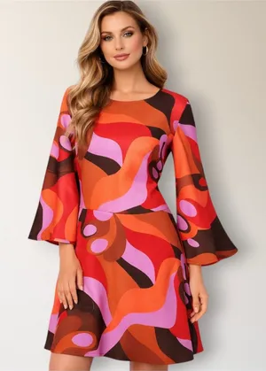 Donna‎ Morgan 16 Red Abstract A Line Bell Sleeve Dress Homecoming Wedding Guest thumbnail 1