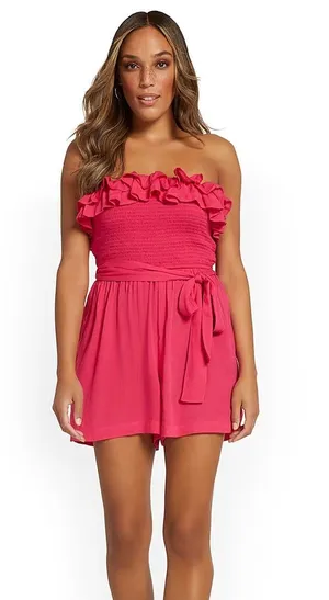 NWT New york & company Pink Strapless Tie-Waist Ruffle Romper thumbnail 1