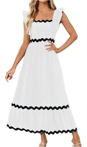 ZESICA Dress White Black Rickrack Trim Ruffle Sleeve Square Neck Sleeveless XL thumbnail 1