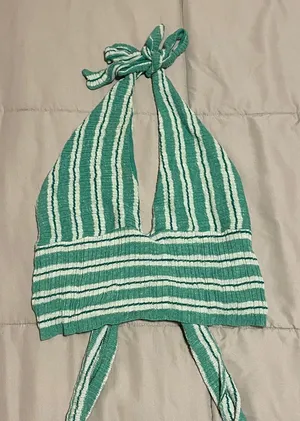 FP Beach Teal Green Knit Cropped Halter Top with Ties thumbnail 1