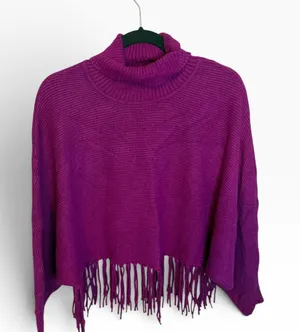 Yolly Italy Purple Fringe Turtleneck Poncho Sweater thumbnail 1