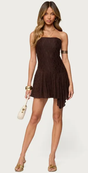 Edikted Elaia Asymmetric Strapless Lace Mini Dress in brown thumbnail 1
