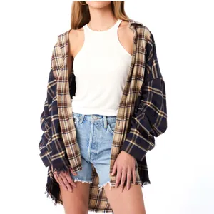 UNITED LOVERS Dove Oversized Plaid Shirt in Navy & Brown - Vintage Wash - M/L thumbnail 3