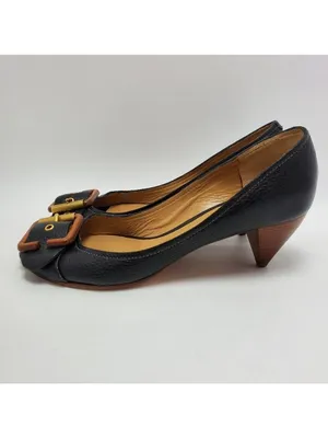 Chloe Leather Buckle Peep Toes Kitten Heels Slip On Pumps Size 37 Black thumbnail 4