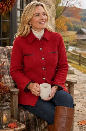 Charter Club Womens L Red 100% Wool Jacket 4 Pocket Button Front Leather Trim thumbnail 1