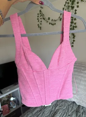 ZARA Pink Corset Top Small Tweed Bralette Crop thumbnail 1