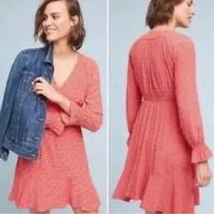 Maeve Coral Long-Sleeve V-Neck Ruffle-Cuff Dress 672 thumbnail 2