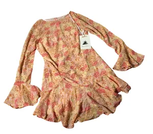 Here Comes The Sun Floral Mini Dress Women L Pink Long Bell Sleeve Ruched Ruffle thumbnail 1