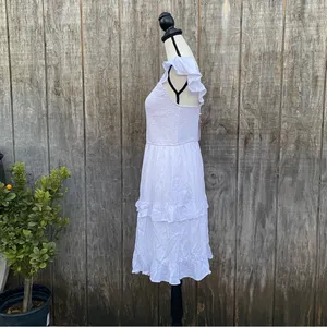 LEANI White Ruffle Smocked Babydoll Lined Tiered Mini Dress Size L thumbnail 5