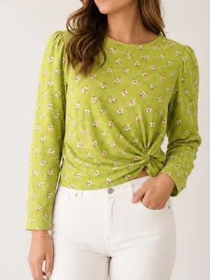 Ungaro Green Floral Satin Twist Front Blouse Puff Sleeve Size 8 thumbnail 1