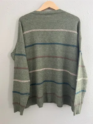 Pulse Olive Green Crewneck Sweater with Stripes Casual Fall Comfy XL thumbnail 4