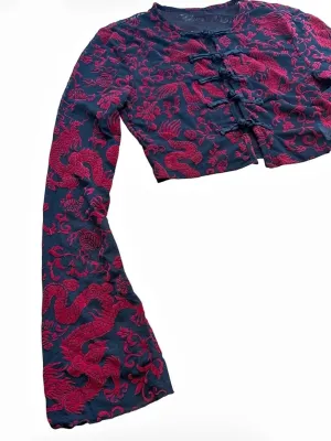 Soly Hux Dragon Print Mesh Crop Top Chinese Frog Button Bell Sleeve NWT Size XS thumbnail 5