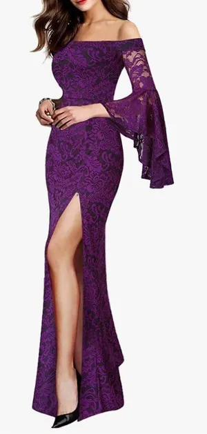Purple Lace Off Shoulder Ruffle‎ Bell Sleeve Formal Dress Sz XS thumbnail 1