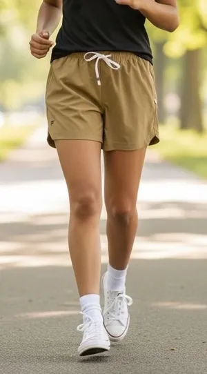 Fabletics Women Tan Khaki Athletic Running Shorts, Zipper‎ Pocket 5 Inch Inseam thumbnail 1