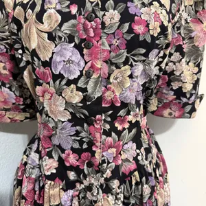 Miss Dorby Vintage 90s Floral Midi Dress L Black Purple Button‎ Front USA Made thumbnail 12