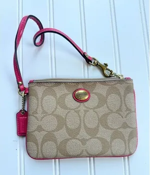Coach Peyton Signature Brown Pink‎ Wristlet Wallet Gold Logo Zip Closure thumbnail 1