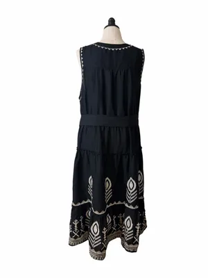 Soft Surroundings Embroidered Tiered Midi Dress Size 2X Linen Blend Belted Black thumbnail 6