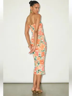 NWT * LULU’S Date Night Beauty Orange Floral Print Mesh Ruched Midi Dress Sm thumbnail 2