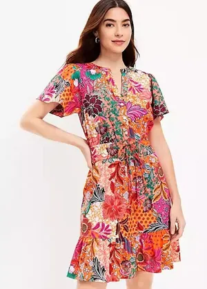 LOFT‎ NWOT Floral Patchwork Smocked Mini Dress Orange Pink Multi Summer Small thumbnail 1