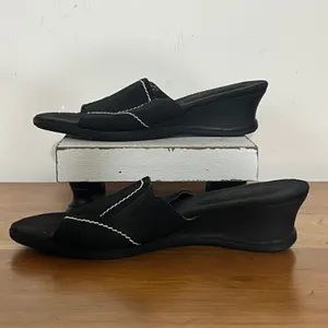 Eurostep Allspice Black Leather Wedge Sandals Slides White Stitching Womens‎ 9M thumbnail 3