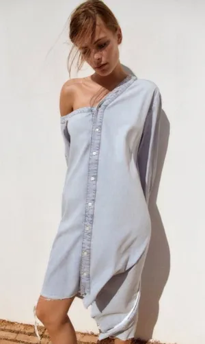 Zara Light Wash Denim Off-the-Shoulder Shirt Dress/Tunic XL NWT thumbnail 1