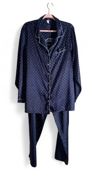 PINK Victoria's Secret Signature Satin Long Pajama Set Navy Polka Dot Size 2XL thumbnail 1