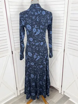 Loft Floral Snowflake Mock Neck Long Sleeve Maxi Dress Blue XS Winter Chic Boho thumbnail 5