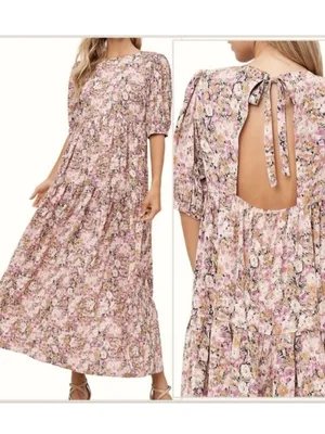 En Saison Jocelyn Pink Purple Floral Tiered Romantic Open Back Maxi Dress M thumbnail 12